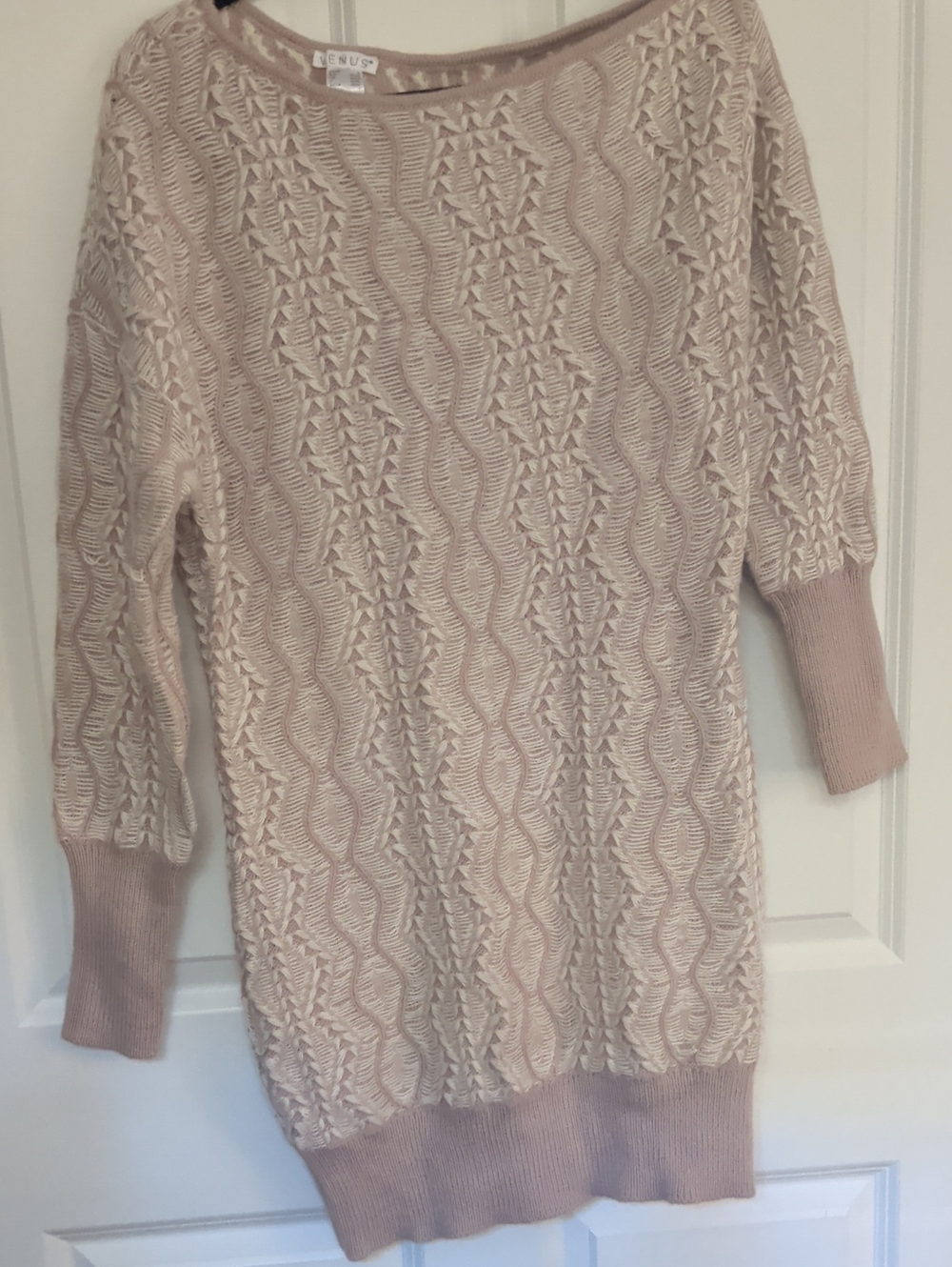 VENUS Beige Crochet-Knit Scoop Neck Sweater